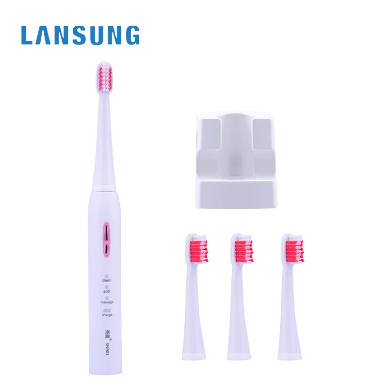 Pink LANSUNG SN901 ультра звуковая электрическая зубная щетка Беспроводная перезаряжаемая зубная щетка с 4 сменными головками 2 мин Timer49 - Цвет: Pink