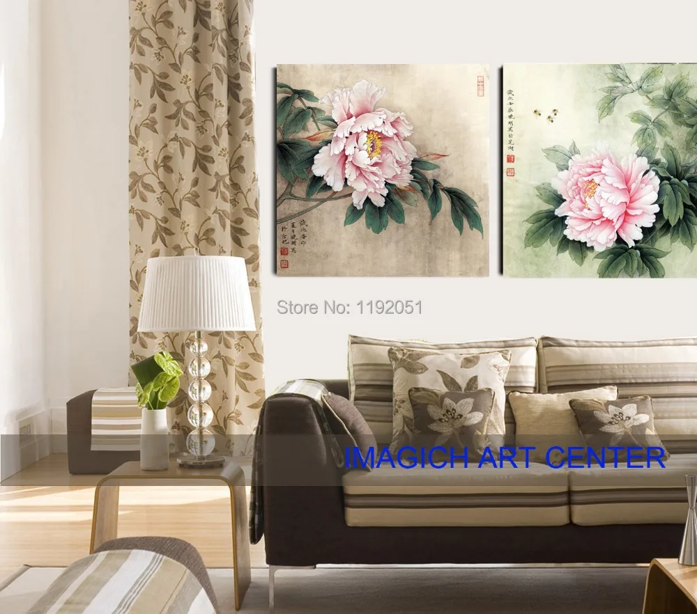 

pastoral decoration painting traditional Chinese canvas paintings flowers in blossom pink peony 2 panels free shipping
