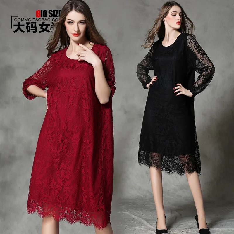 

2018 Large Size Women's New Temperament Straight Loose Round Neck Long-sleeved Thin Lace Dress Spring