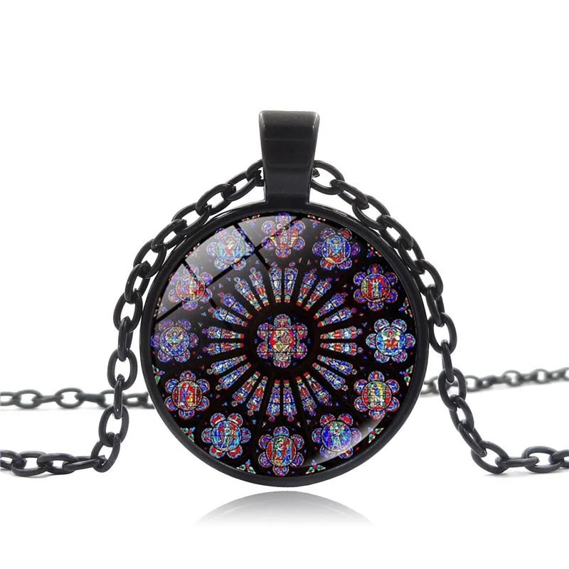 Dame De Paris Cathedral Jewelry Rose Window Stained Photo Cabochon Glass Pendant Black Chain Necklace Christian Gifts for Women |