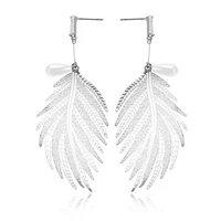 cutting white leaf feather tassel drop earrings for women bijoux long statement earrings fashion wedding party jewelry oorbellen