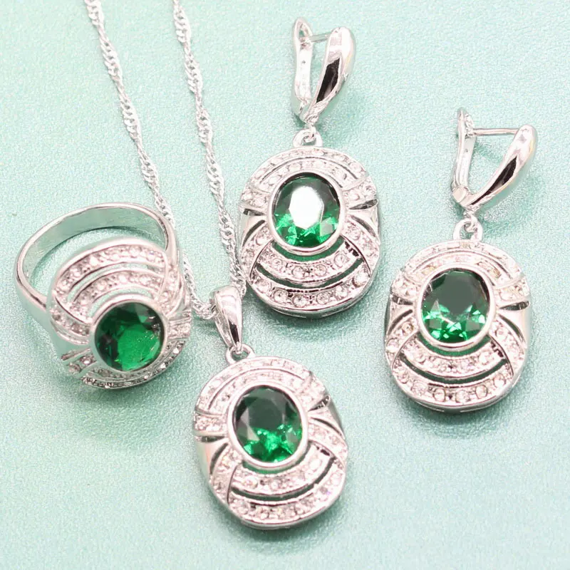 925 Sterling Silver EIOLZJ, зеленый полудрагоценный камень, Стерлинговое Серебро, 925, ювелирные наборы для женщин, ожерелье, кольцо, висячие серьги, Ювелирная коробка - Окраска металла: 925 Sterling Silver