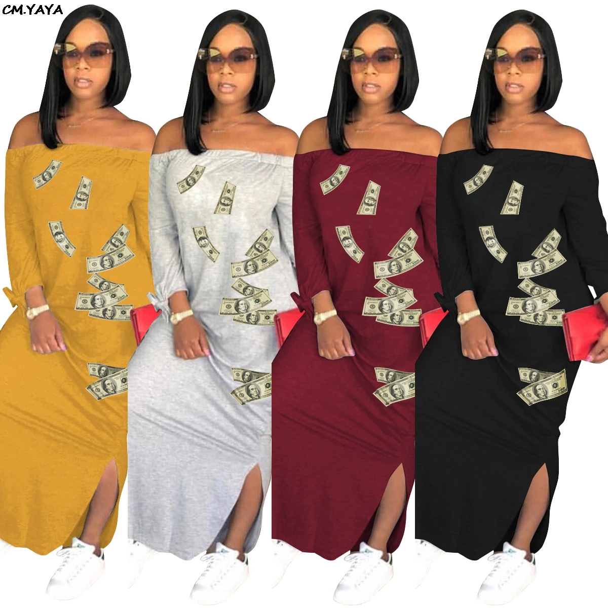 Женское облегающее платье макси с принтом доллара США открытыми плечами и
