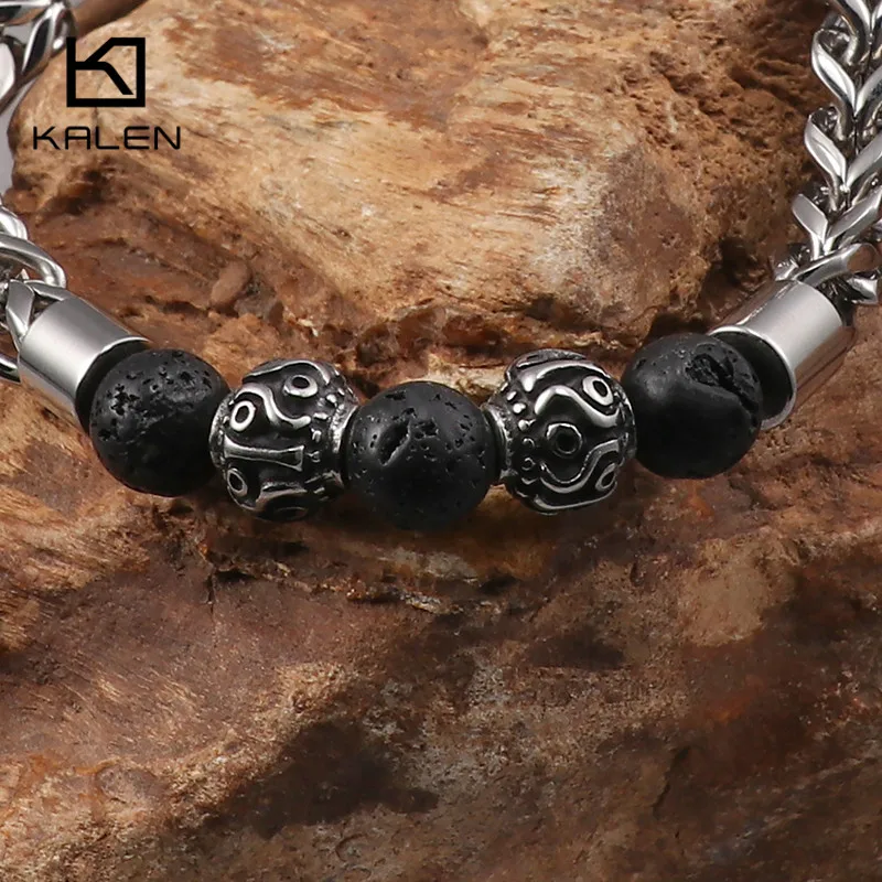 Мужские браслеты KALEN из нержавеющей стали с черными лавовыми бусинами|bracelets