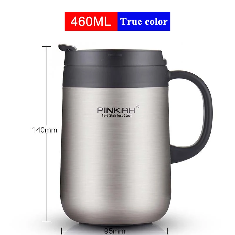 true color-460ml Pinkah 400 мл 304 Термосы Из Нержавеющей Стали Офисные чашки с ручкой с крышкой изолированные Чайные Кружки Термос чашки офисные термосы - Цвет: true color-460ml