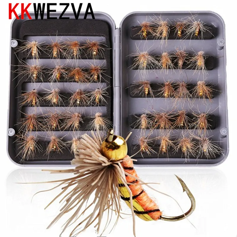 

KKWEZVA 40pcs Fishing fly Lure with box Butter fly Insects Style Salmon Flies Trout Single Dry Fly Fishing Lures Fishing Tackle