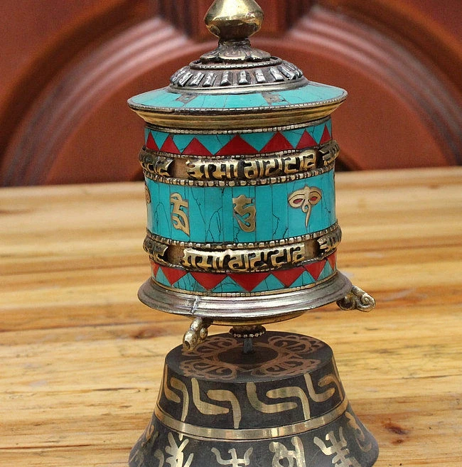 Старый Тибет Буддизм Храм Бронзовый Инкрустация Бирюзовая Молитвы Колеса Ступа