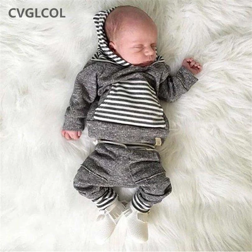 CVGLCOL/Новое поступление, комплект одежды с длинными рукавами для малышей, флисовый костюм с капюшоном и штаны для новорожденных, Прямая поставка, одежда в полоску с принтом