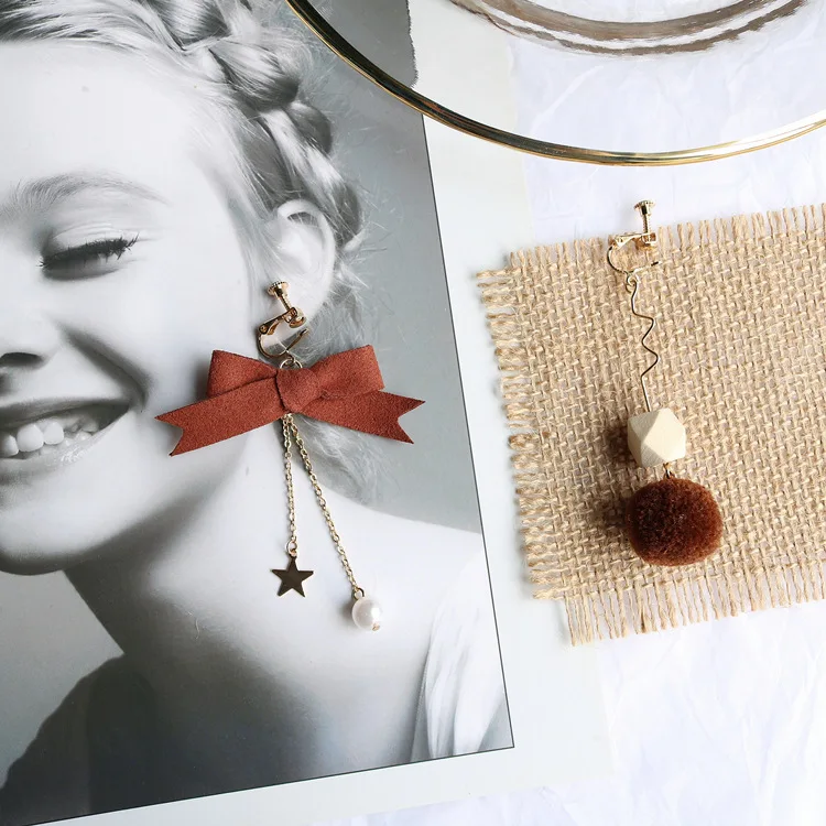 Женские винтажные серьги с бантом и помпоном длинные висячие асимметричные