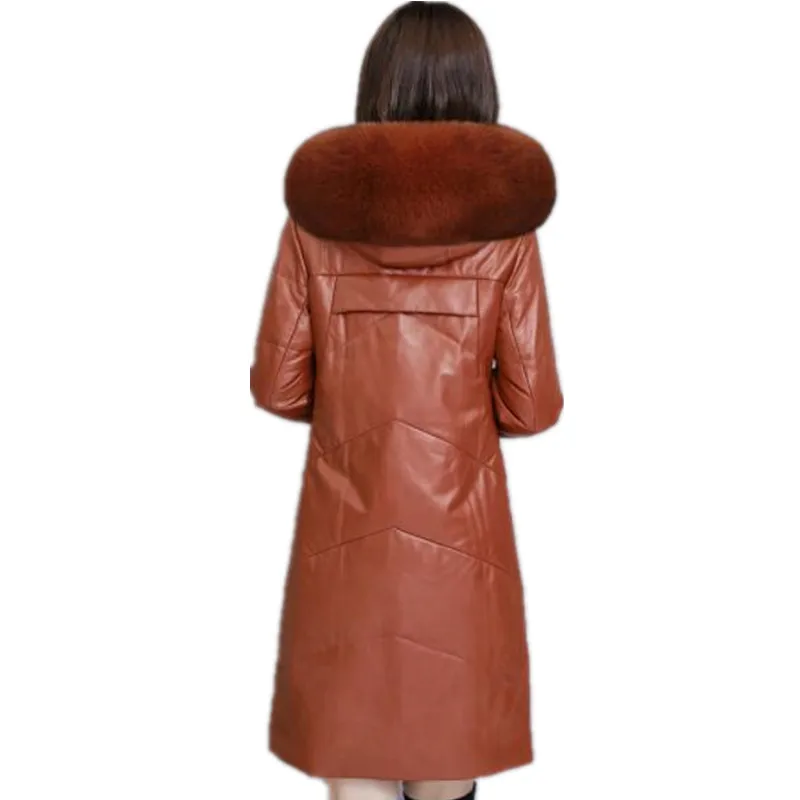 Зимние длинные толстые теплые кожаные куртки новые большие размеры с капюшоном