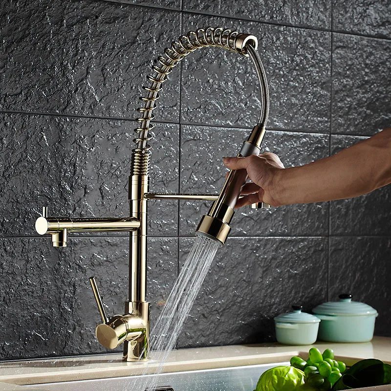 Kitchen Sink Faucets Brass Pull Down Spray Nozzle Mixer Tap Dual Handle Hot and Cold Water Crane Spring Faucet | Обустройство дома