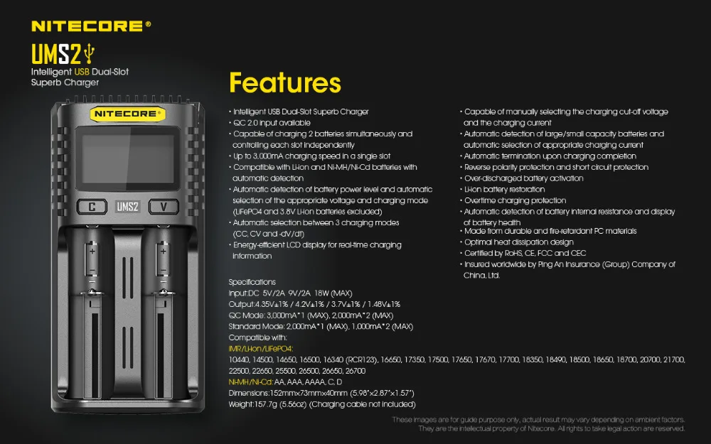 NITECORE UMS2 UMS4 интеллектуальное зарядное устройство USB выход 3A для LiFePO4 литий-ионный