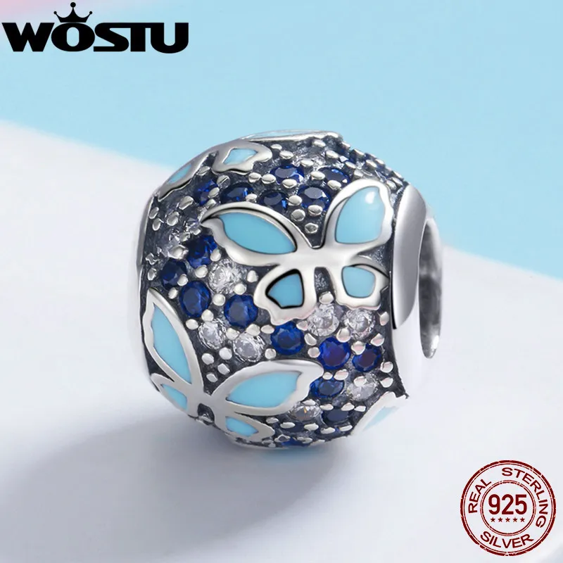 WOSTU Аутентичные 925 пробы Серебристые Синие Бабочки Шарм шарик для оригинального DIY браслет серебряные ювелирные изделия изготовление подарок CQC931