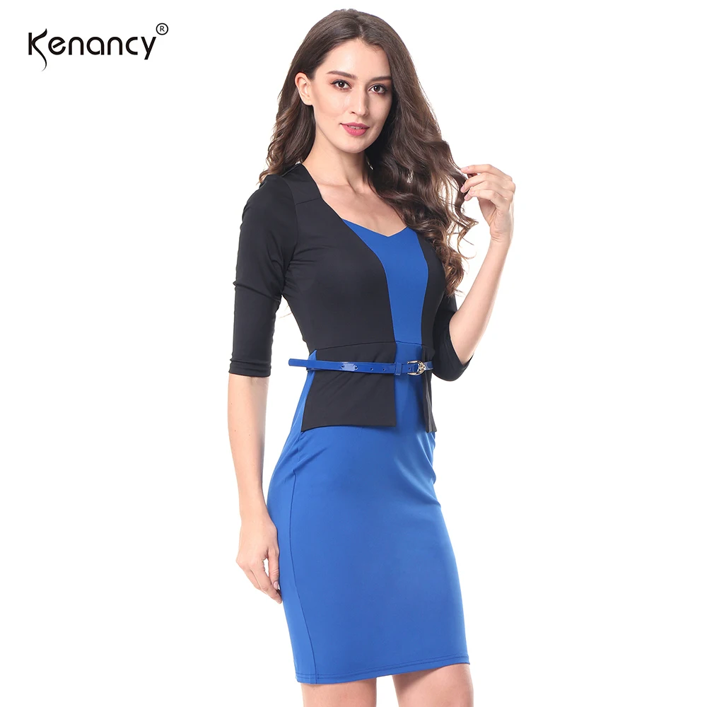 Kenancy, 2 цвета, с поясом, цветной блок, пэтчворк, платье-карандаш для женщин, рукав 3/4, v-образный вырез, длина до колен, с разрезом сзади, облегающее платье