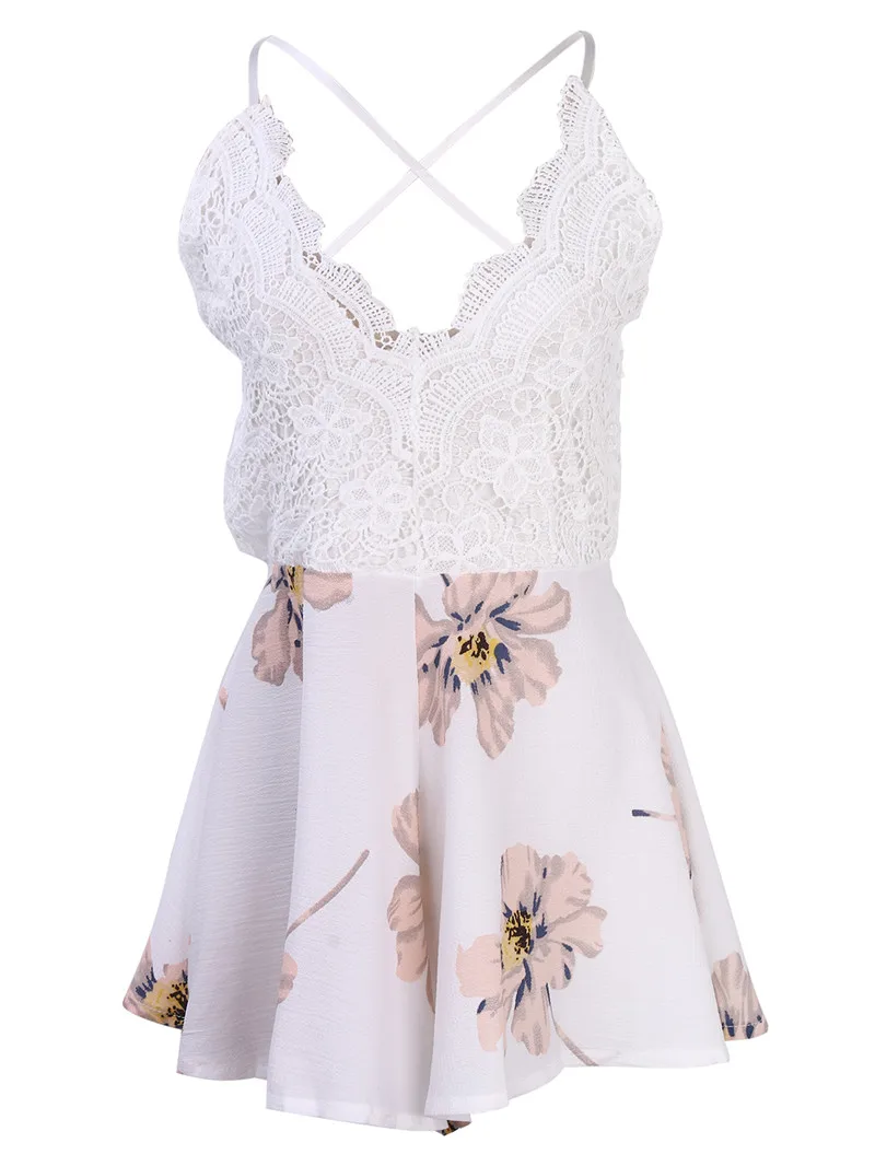 2016 Summer Lace Rompers Women Jumpsuit New Fashion Retro V-neck Floral Print Fitted Straps Short Overalls Bodysuit | Женская одежда