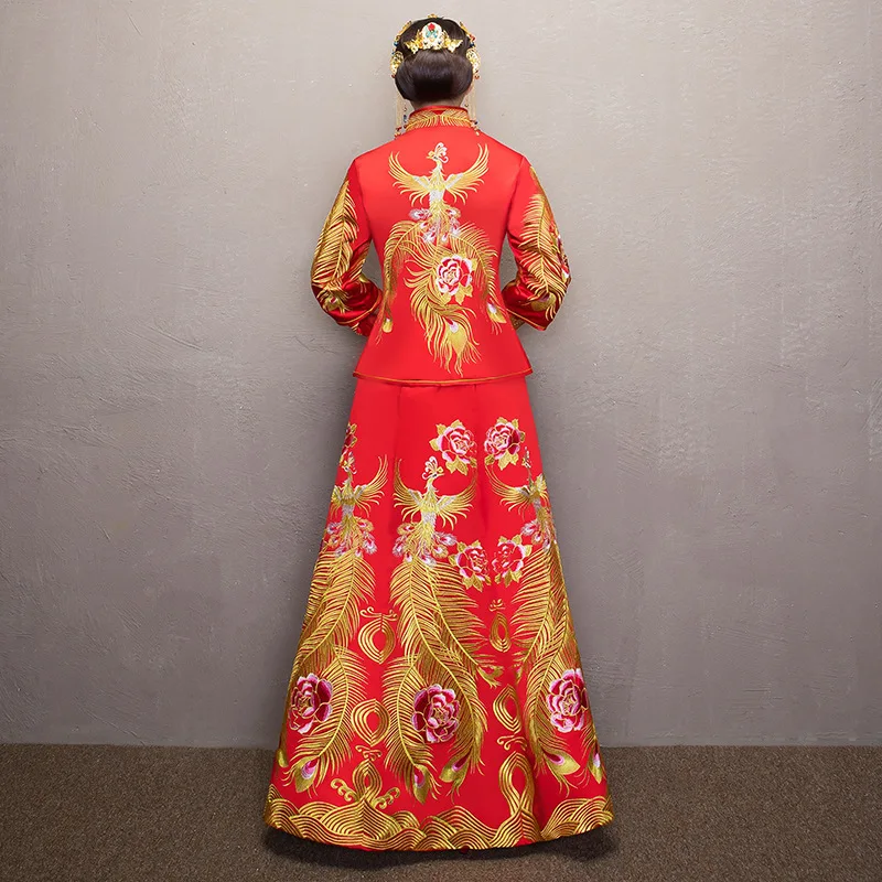Невесты Для женщин феникс вышивка платье Чонсам красный Qipao длинные традиционные