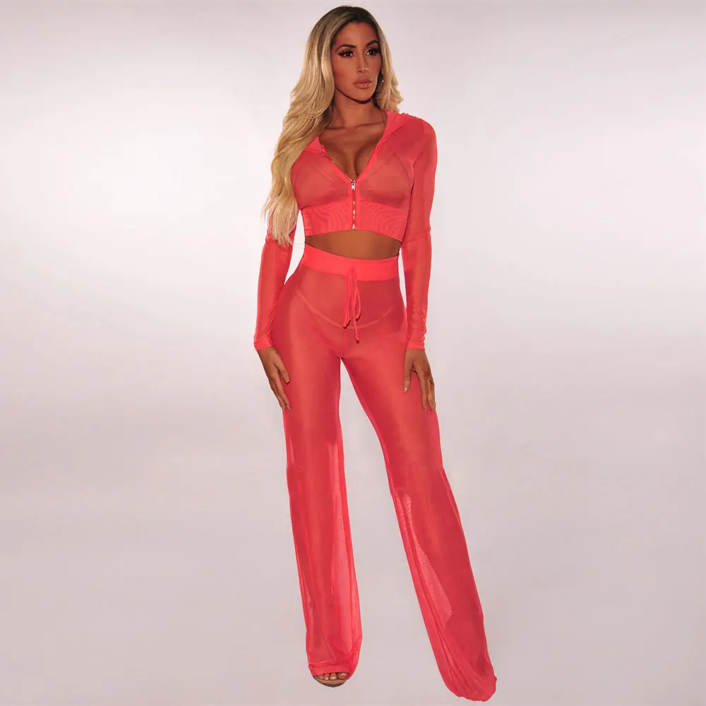 BKLD Knitted Mesh Hooded Zipper Crop Top Female Autumn 2018 See Through Sexy Loose Trousers Nightclub Party Two-Piece Sets | Женская