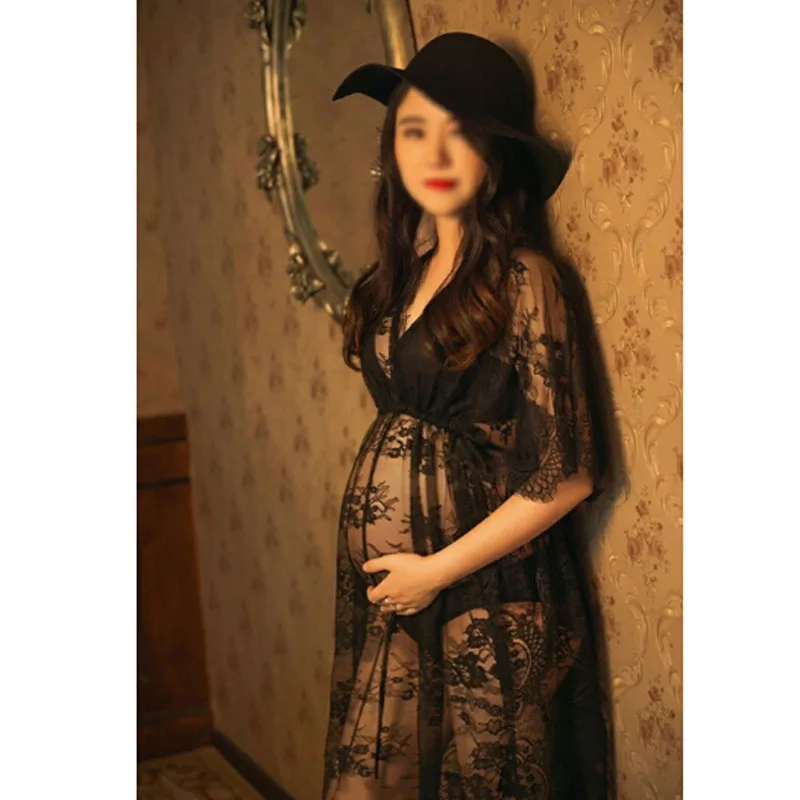 Черные кружева Материнства платье Фотографии Реквизит Длинные беременных