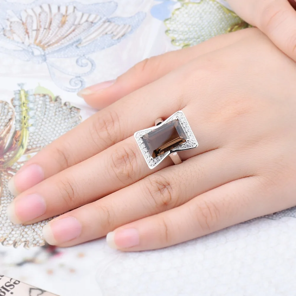 

Hutang 8.0ct Baguette Smoky Quartz Rings 925 Silver Natural Gemstone Adjustable Ring Fine Elegance Jewelry for Women Best Gift