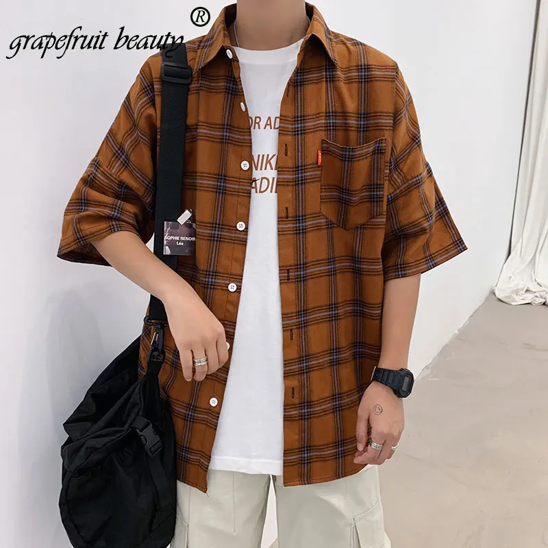 2019 летняя Хлопковая мужская клетчатая рубашка с коротким рукавом мужские