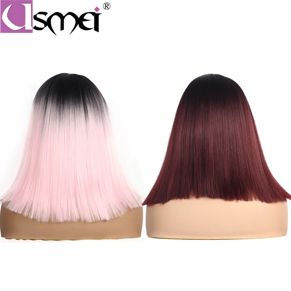 

USMEI 14inches straight lace front wig synthetic wigs natural hairline Ombre pink wigs for women Heat Resistant two color choose