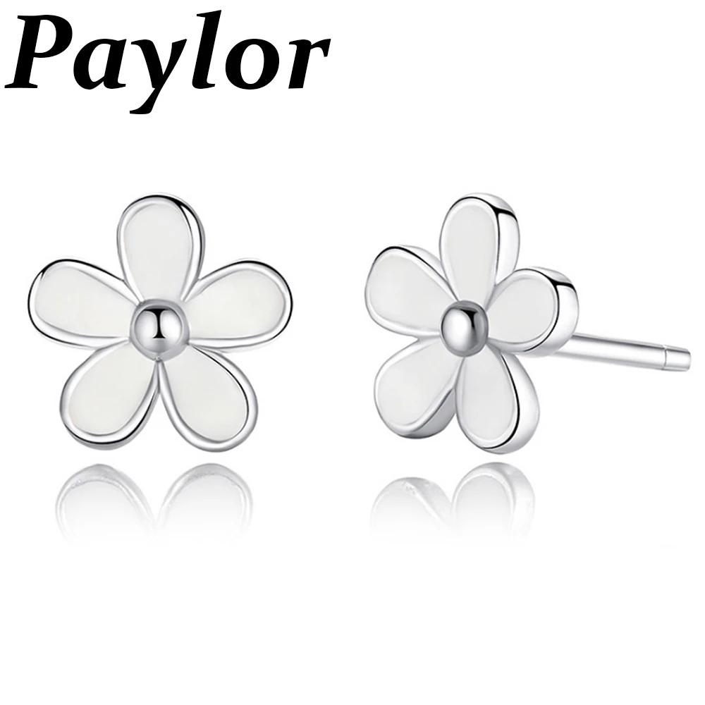 Женские серьги гвоздики с белой эмалью Paylor Милая ромашка серебристого цвета для