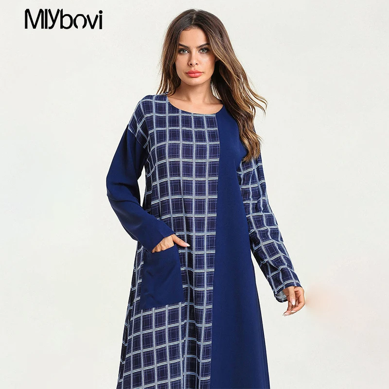 Striped Patchwork Women Dress Navy Blue Fashion Casual Maxi Muslim block Spring Summer Female Plaid islamic clothing 2019 | Женская
