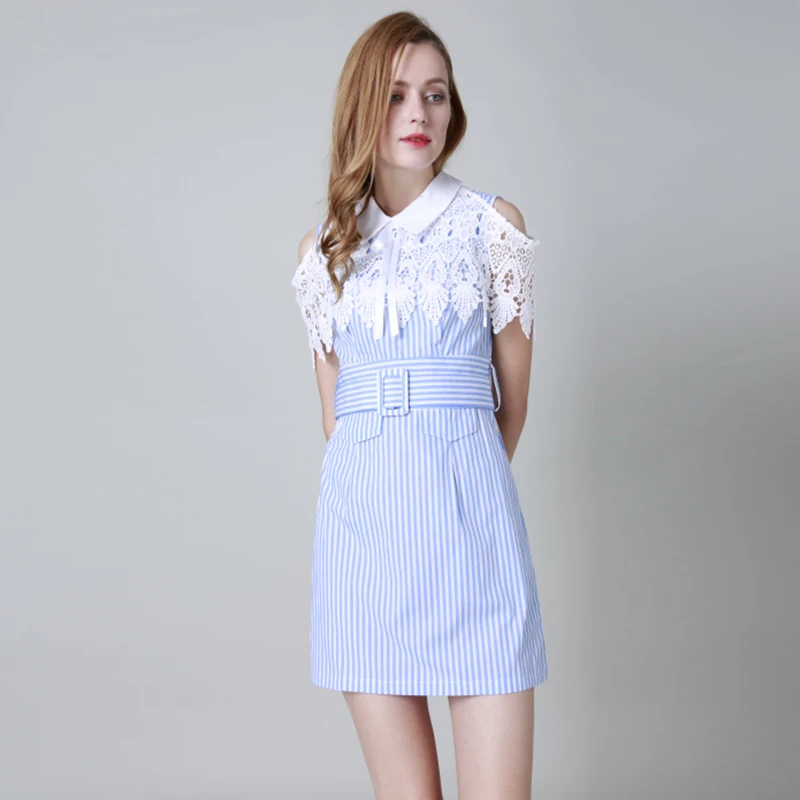 Летние полосатые Платья для женщин Мода 2017 летние шорты рукавом краткое отложной
