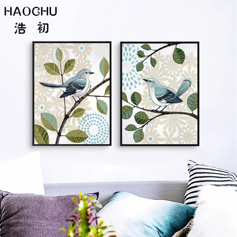 HAOCHU прекрасные синие птицы ветви животных холст искусство печать картина стене