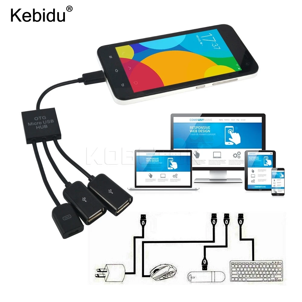 Kebidu OTG 3 порта Micro USB зарядный концентратор кабель Spliter Соединительный адаптер для