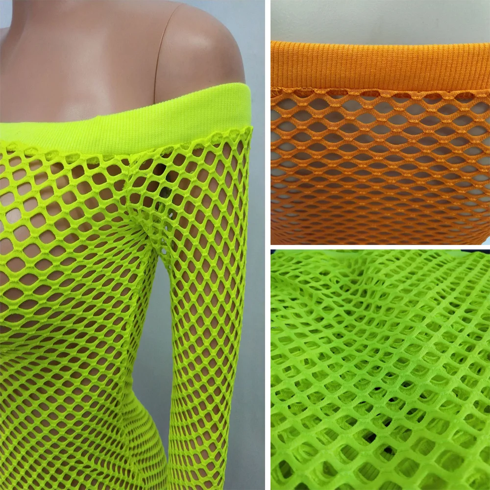 

Women Mini Dress Neon Green Orange Fishnet Party Dress Club Wear Sexy See Through Off Shoulder Bodycon Summer Beach Dresses