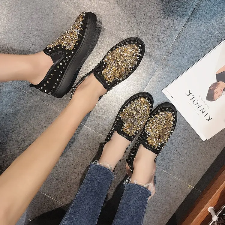 2019 Spring Autumn Fashion Lazy Loafers Women Rivet Flat Platform Flats Shoes Students Casual Crystal Trainers Retro | Обувь