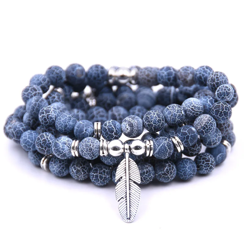 Weathered Agate Йога браслет с подвеской в виде пера 8 мм 108 мала Natural Energy Stone ручная вышивка стразами браслет или ожерелье медитации 18 стилей - Окраска металла: Weathered Agate