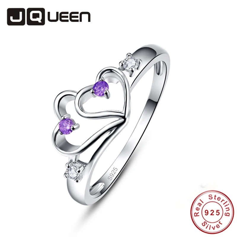 JQUEEN 2*2 мм Фиолетовый Кристалл S925 кольцо с двойным сердцем AAA кубический цирконий
