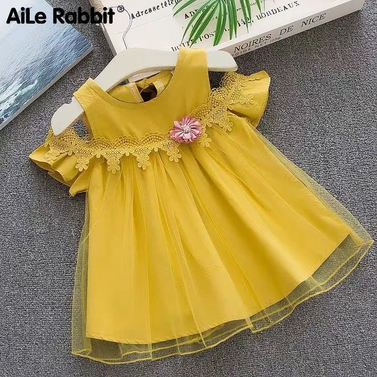 

AiLe Rabbit/детская одежда в Корейском стиле, хлопковое платье с цветочным принтом для маленьких девочек, кружевное платье с открытыми плечами, ю...