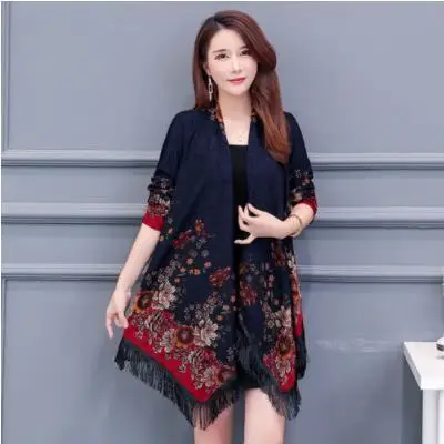 Navy blue 1 Длинные женские кардиганы размера плюс 5XL, весна-осень, элегантная верхняя одежда с длинным рукавом и кисточками, новое повседневное свободное винтажное пальто с принтом - Цвет: Navy blue 1