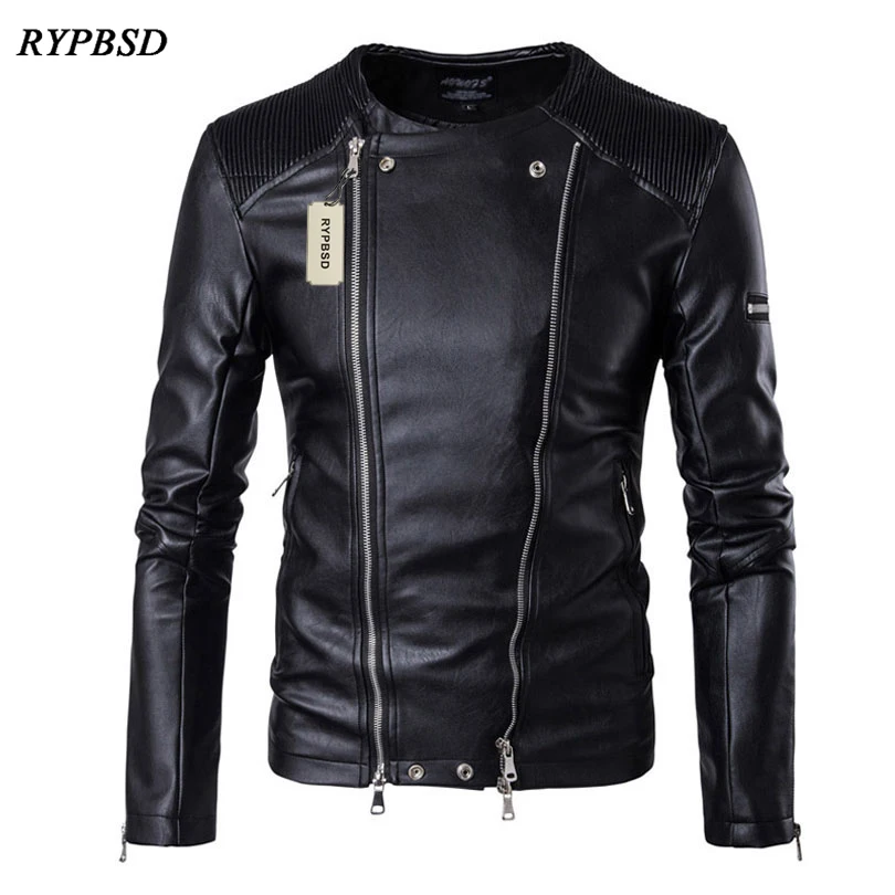 

Motorcycle Leather Jackets Men Autumn Winter 2019 Stand Collar Slim Fit Multi Zippers Biker PU Male Leather Jacket and Coat 5XL