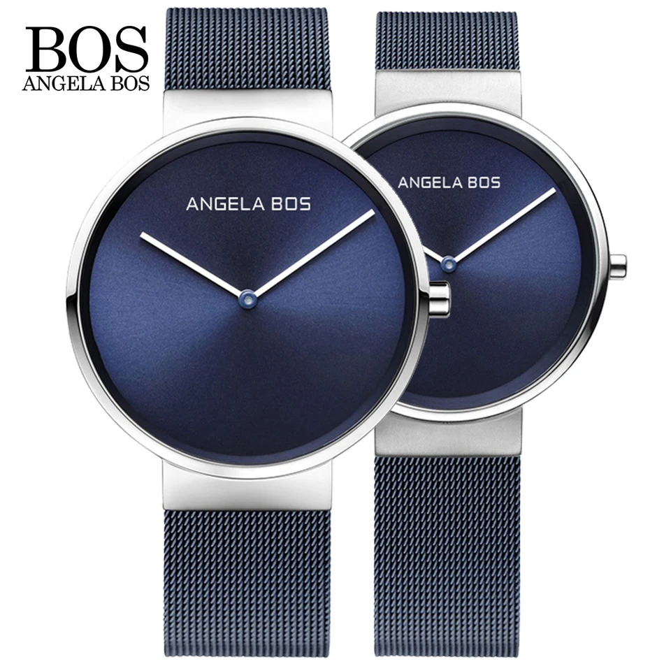 

2018 New ANGELA BOS Watches Men Quartz Watch Ultra Thin Simple Couple Watch Stainless Steel Mesh Strap UltraThin Clock Hot