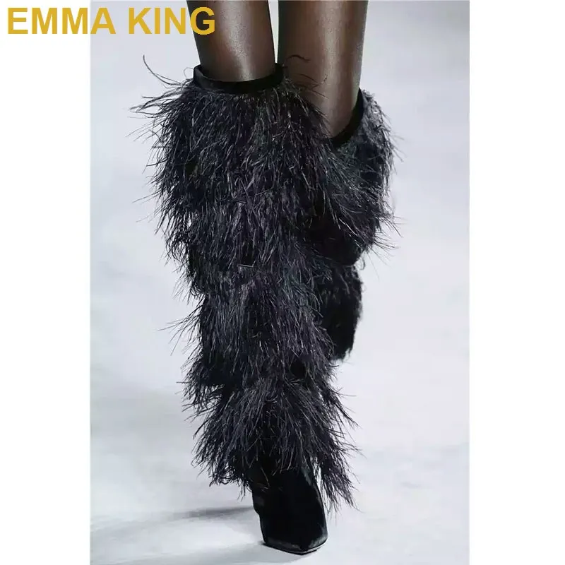 Женские модельные Сапоги выше колена зимние сапоги с перьями и острым носком