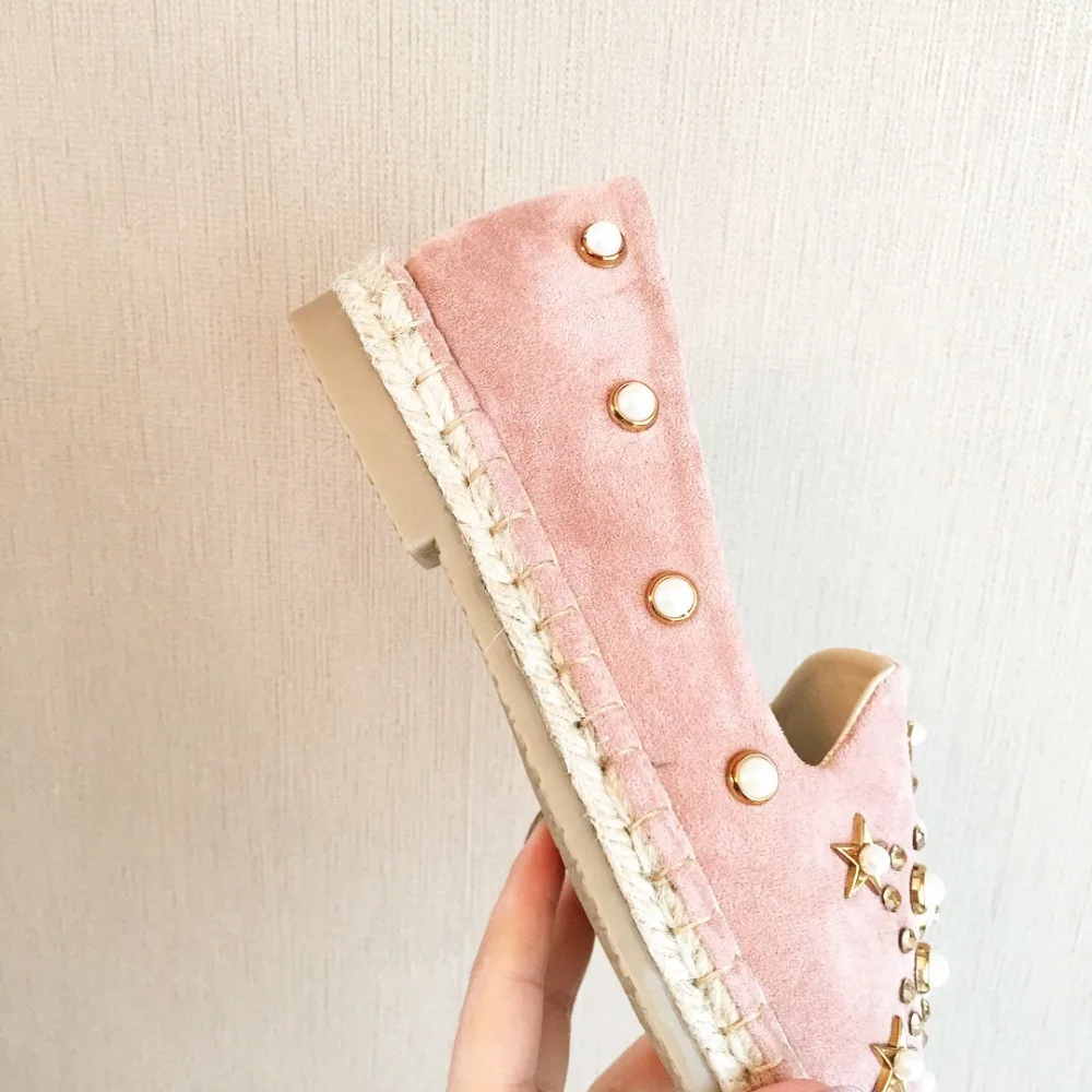 Роскошное большое жемчужное украшение, бархатный Рыбак женская обувь удобные эспадрильи на плоской подошве с кристаллами Лоферы женские весенне-летние тонкие туфли