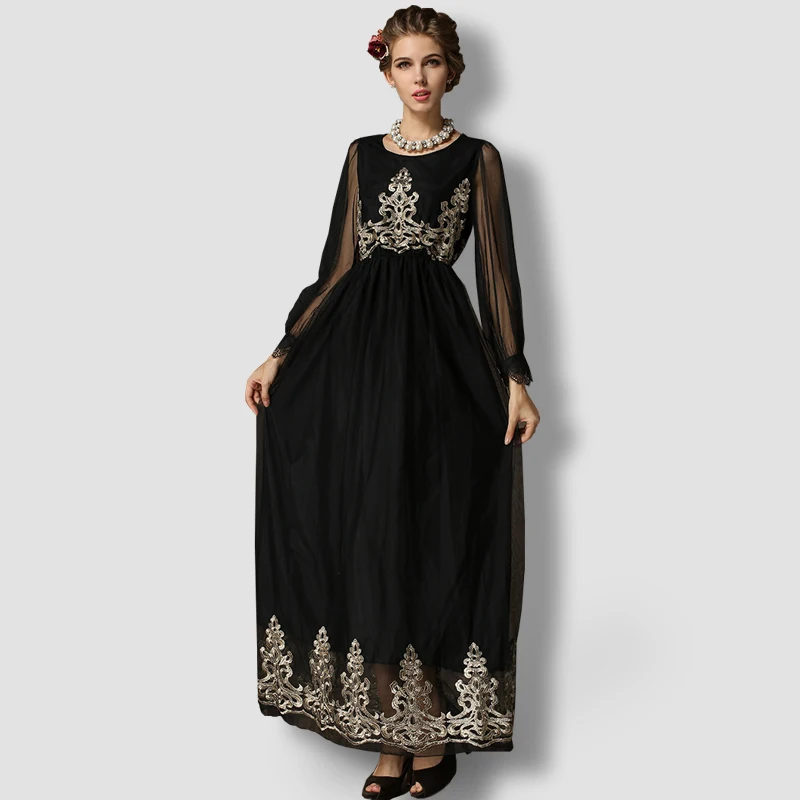 2019 New Arrivals Scoop Golden Embroidery Pattern Appliqued Full Sleeve Ankle-Length Chiffon Muslim Evening Dress Plus Size | Свадьбы и