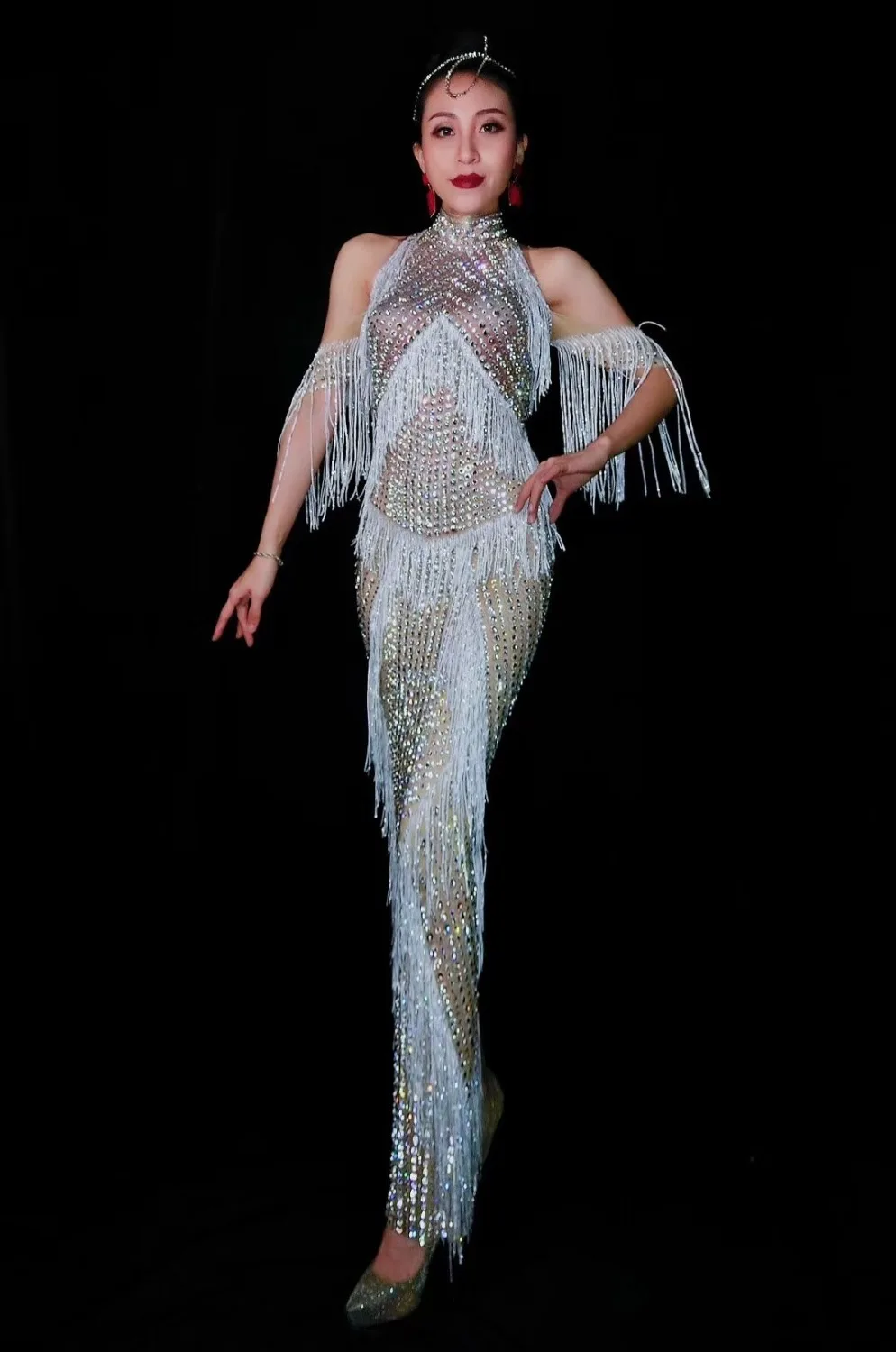 Full Rhinestones Sexy Off-Shoulder Tassel Long Dress Evening Party Lady Luxurious Costume Birthday Prom One Piece Crystals | Женская