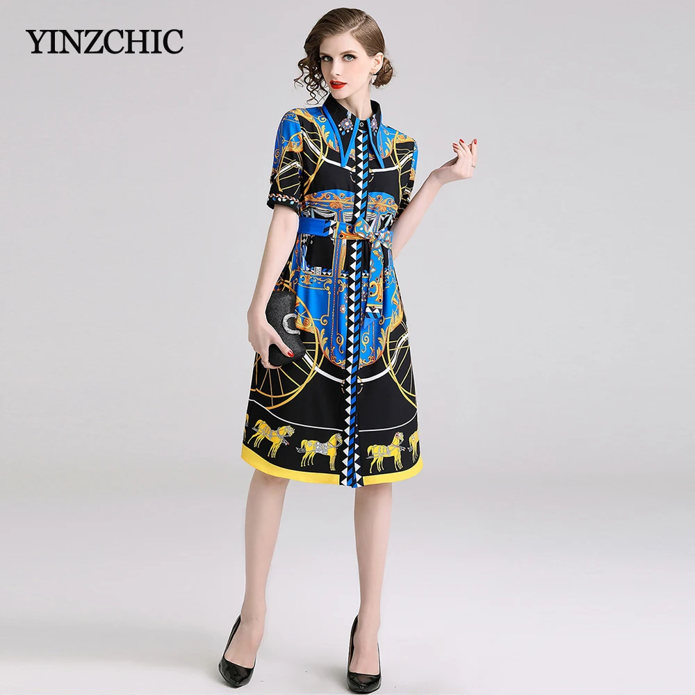 Женское летнее платье с принтом модное прямое рубашка женский пояс приталенное