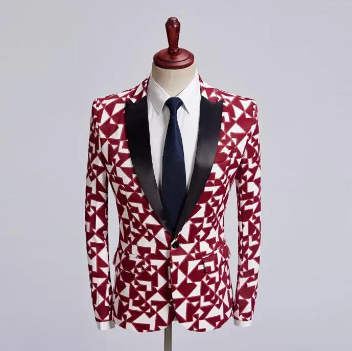 Singer star style dance stage clothing for men groom suit mens wedding suits costume Red white lattice printing formal dress