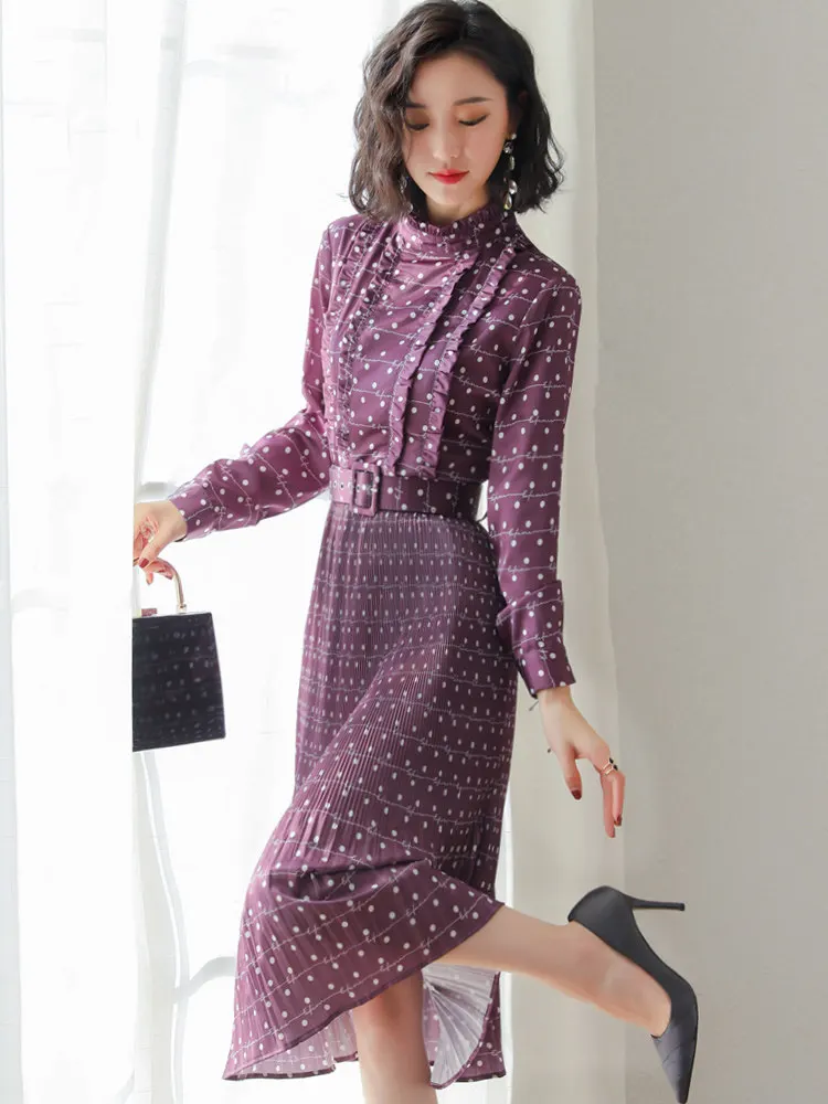 2019 new women's spring retro western European station dot dress and autumn businee offive purple | Женская одежда