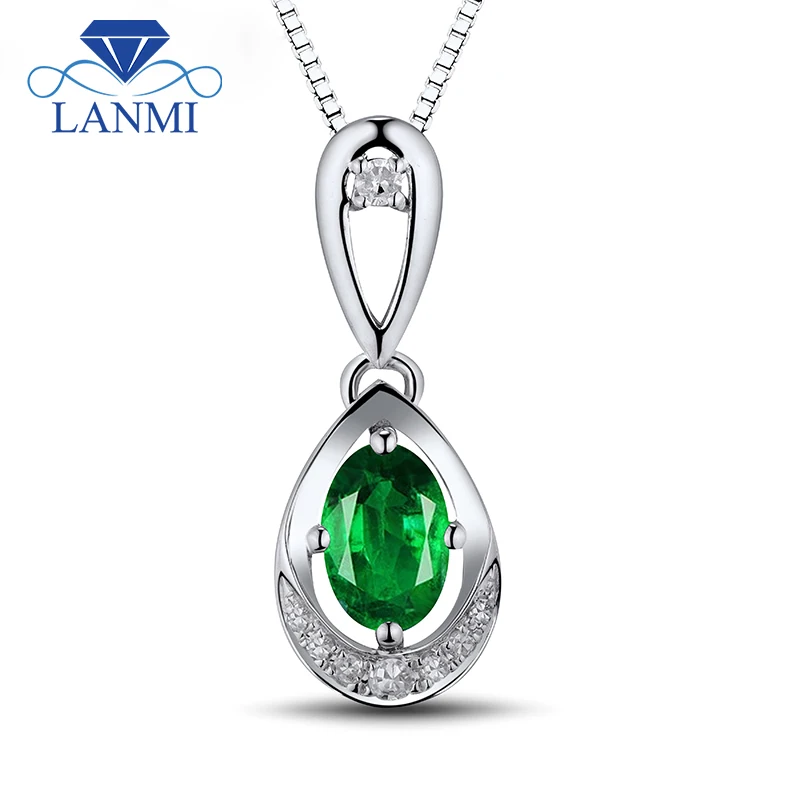 

Natural Gemstone Pendant Fine Jewelry Oval 4x6mm Good Quality Emerald Diamond In 18K White Gold WP054