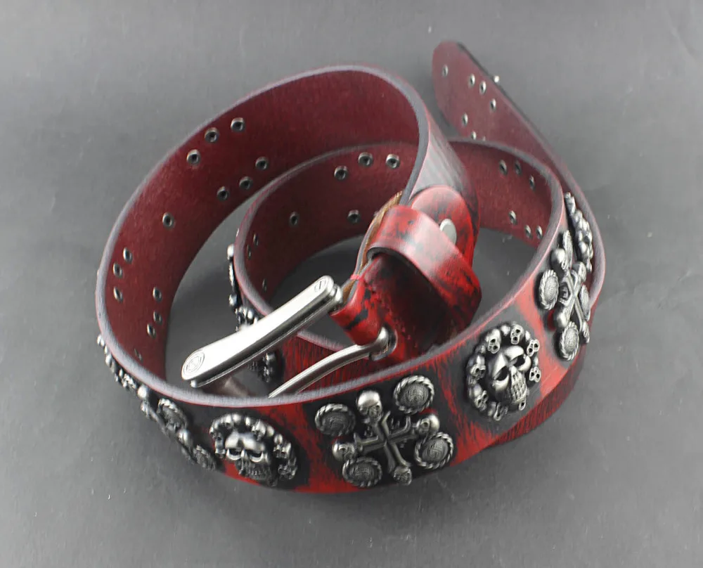 Мужской винтажный ремень Goth Skull Cross красный из натуральной кожи в байкерском