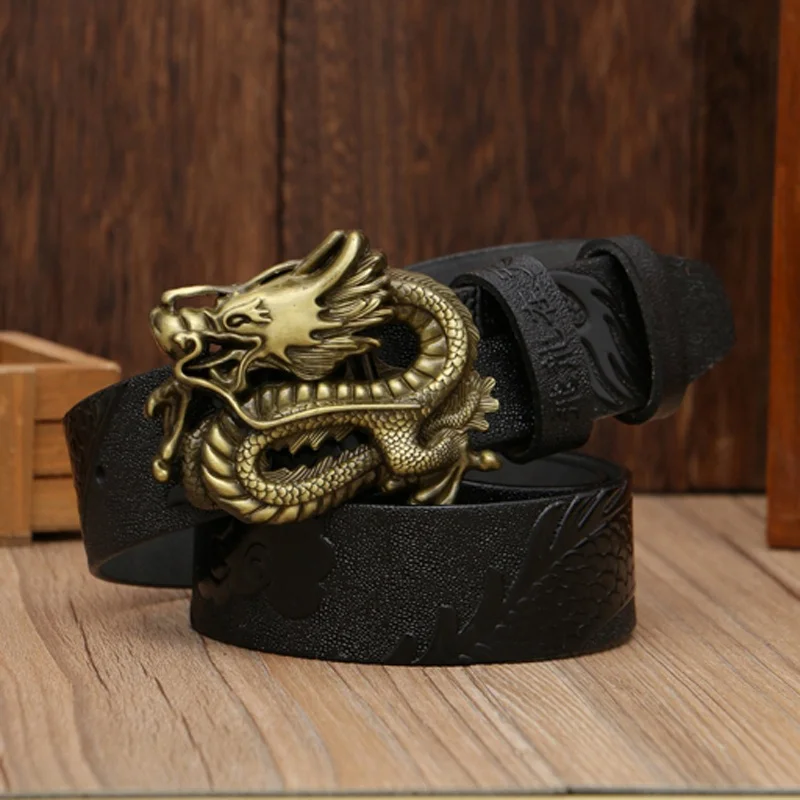Ремень мужской из натуральной воловьей кожи модный дизайнерский пояс с драконом