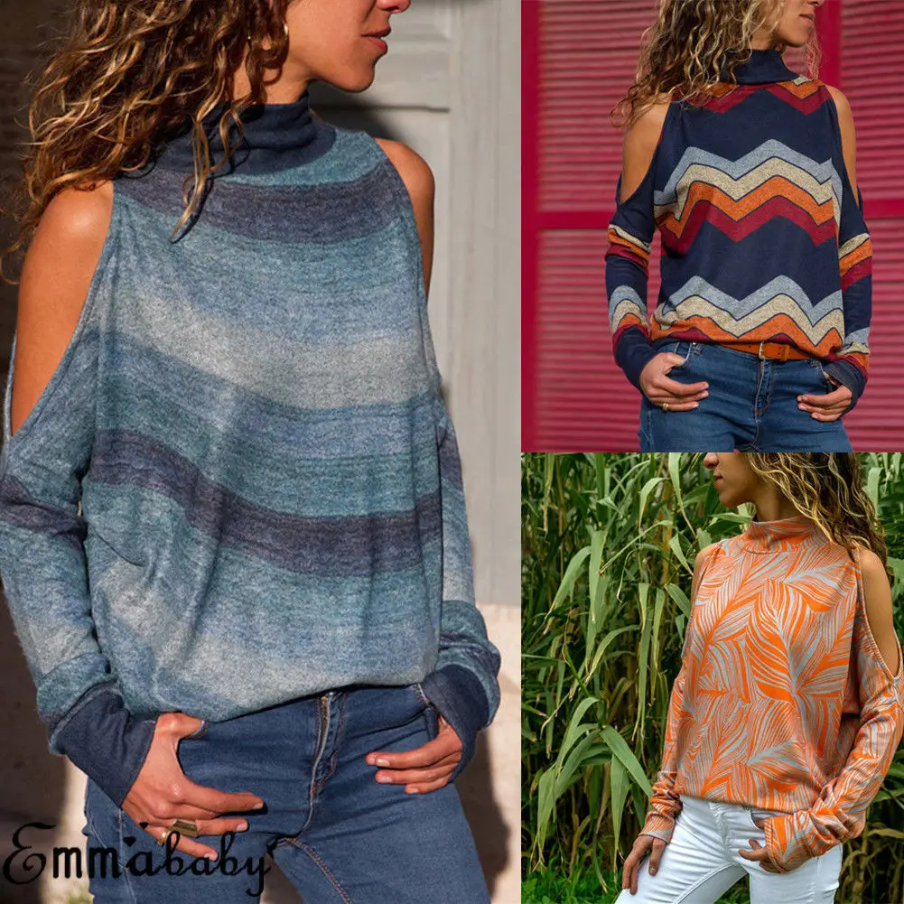 Женская водолазка с открытыми плечами Boho свободная футболка пуловер длинными