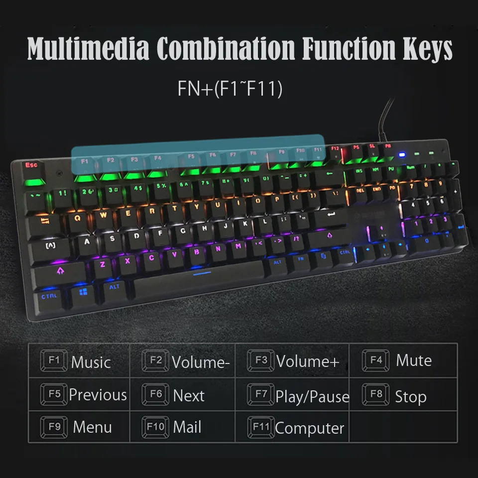JK300 USB Проводная игровая клавиатура Механическая синяя ось RGB подсветка